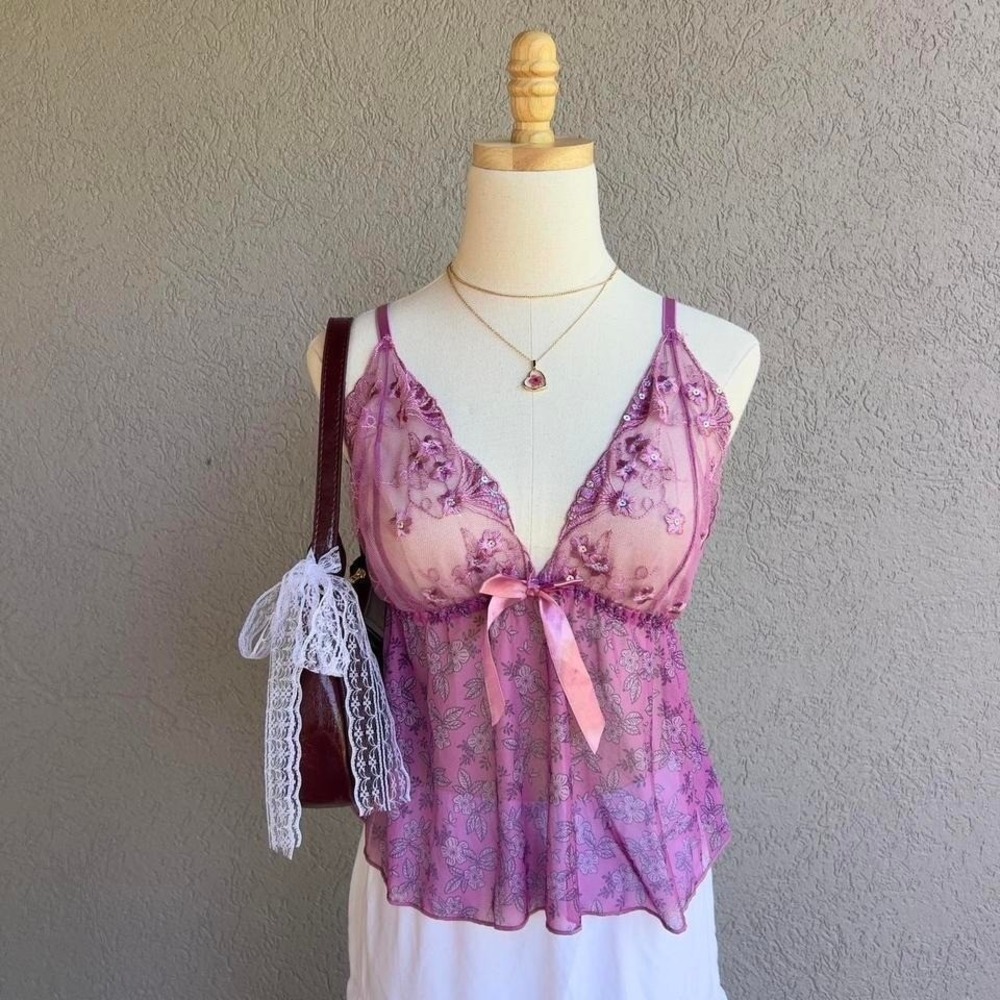 Y2K‎ Purple Sequin Babydoll Cami Tank Top Lingerie Size Medium Ethereal Fairy
